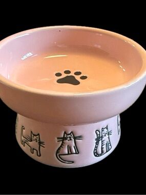 Pink Ceramic Cat Bowl Elevated Paw Print & Kitty Graphics Signature Housewares